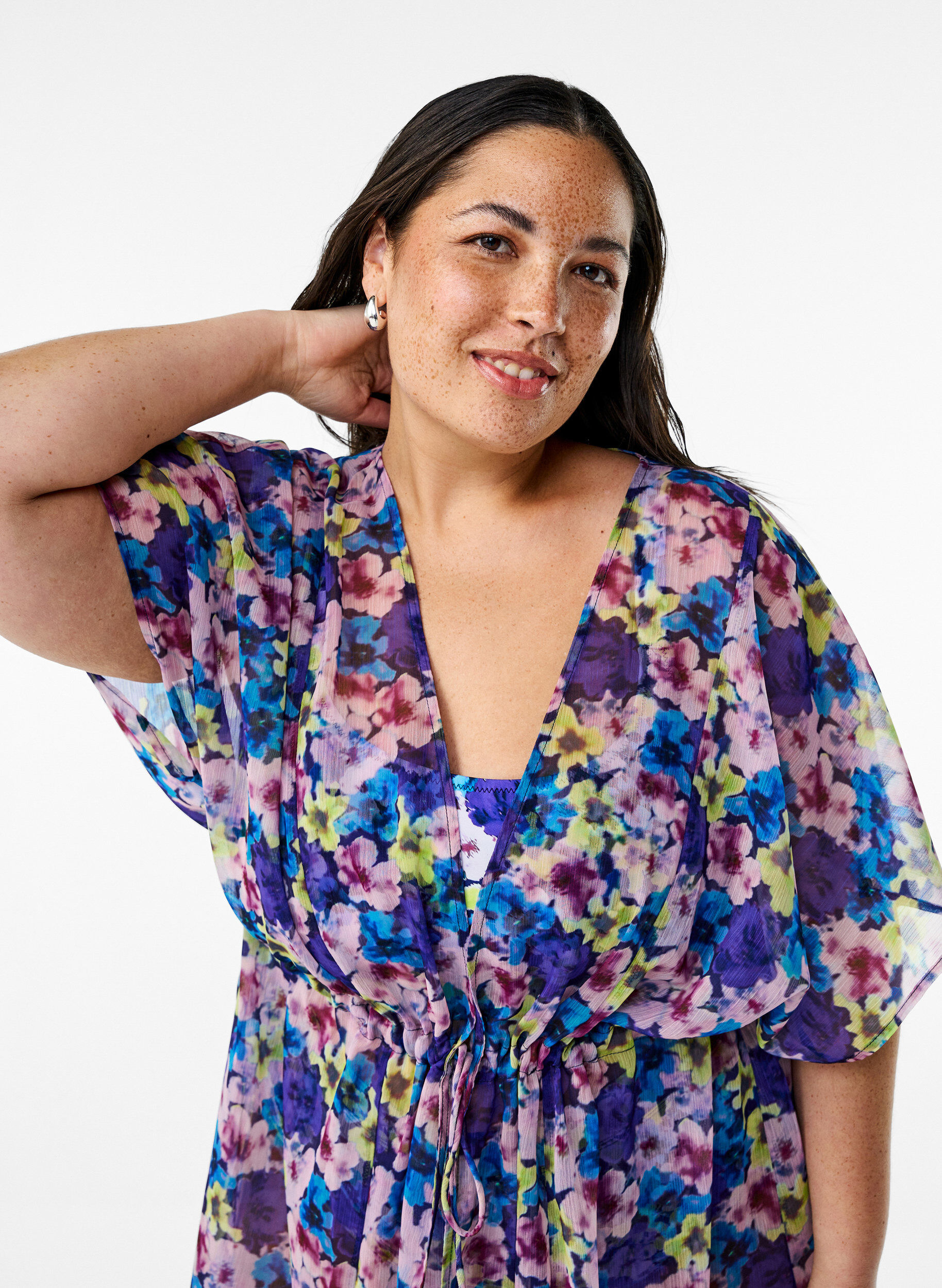 Zizzi Strandkimono med trykk, Bl&aring;, Model image number 2