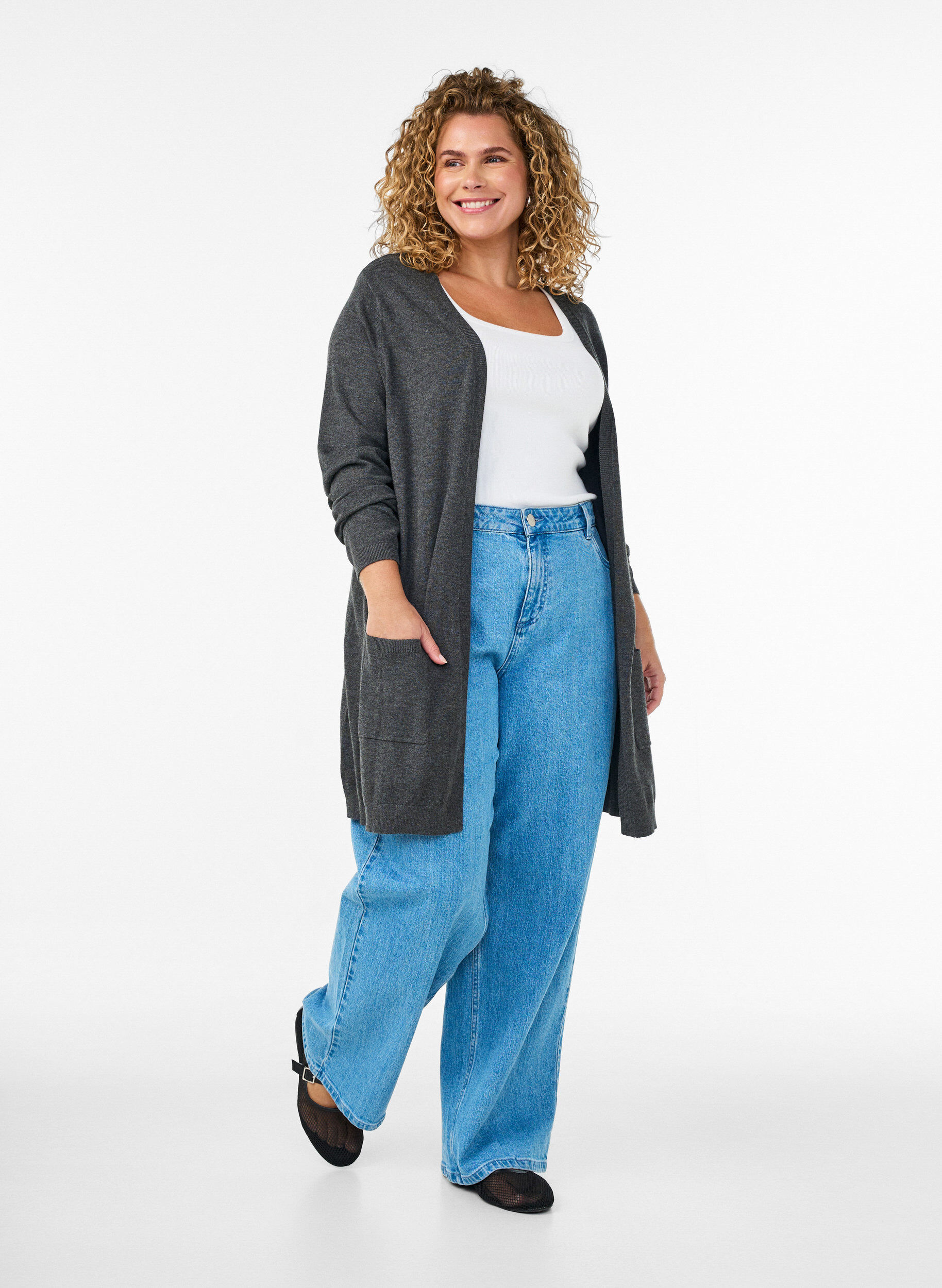 ZizziLang strikkecardigan i viskoseblanding, Gr&aring;, Model image number 1