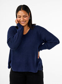 Strikket bluse med v-hals og lange ermer, Naval A. Black Mel. Strikket bluse med v-hals og lange ermer, Naval A. Black Mel., Model