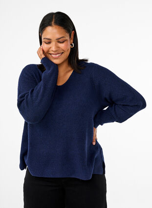 Zizzi Strikket bluse med v-hals og lange ermer, Naval A. Black Mel., Model image number 0