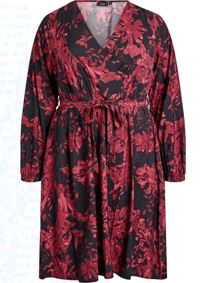 Knelang kjole med knytebelte og omslagsuttrykk, Svart, Packshot image number 0