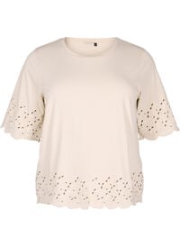 T-skjorte med broderie anglaise og bølgekant, Beige T-skjorte med broderie anglaise og bølgekant