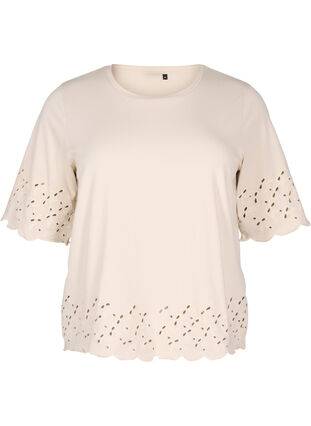 Zizzi T-skjorte med broderie anglaise og bølgekant, Beige, Packshot image number 0