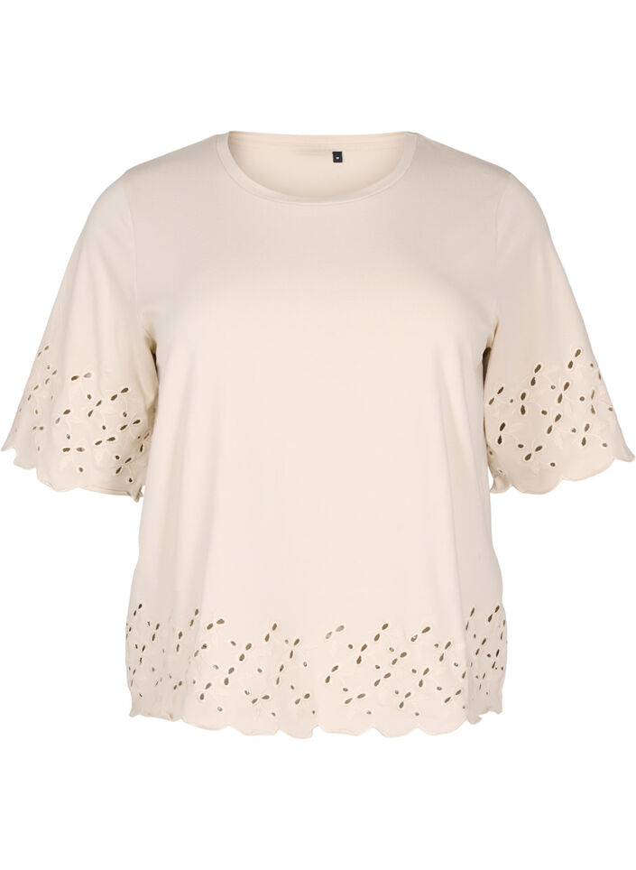 T-skjorte med broderie anglaise og bølgekant, Beige, Packshot image number 0
