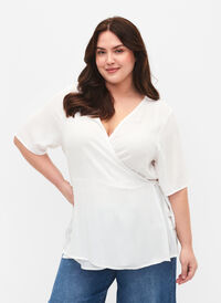 Bluse i viskose med omslagseffekt, Bright White, Model