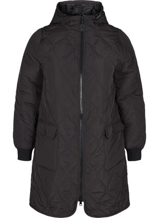 Quiltet jakke med hette og store lommer, Black, Packshot image number 0