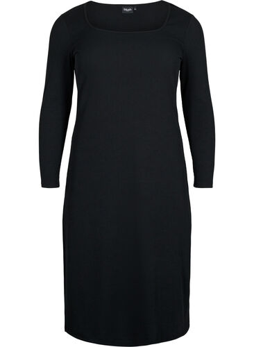 Kroppsnær kjole med splitt og lange ermer, Black, Packshot image number 0