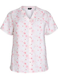 Skjortebluse med korte ermer og blomstertrykk, Rosa Skjortebluse med korte ermer og blomstertrykk