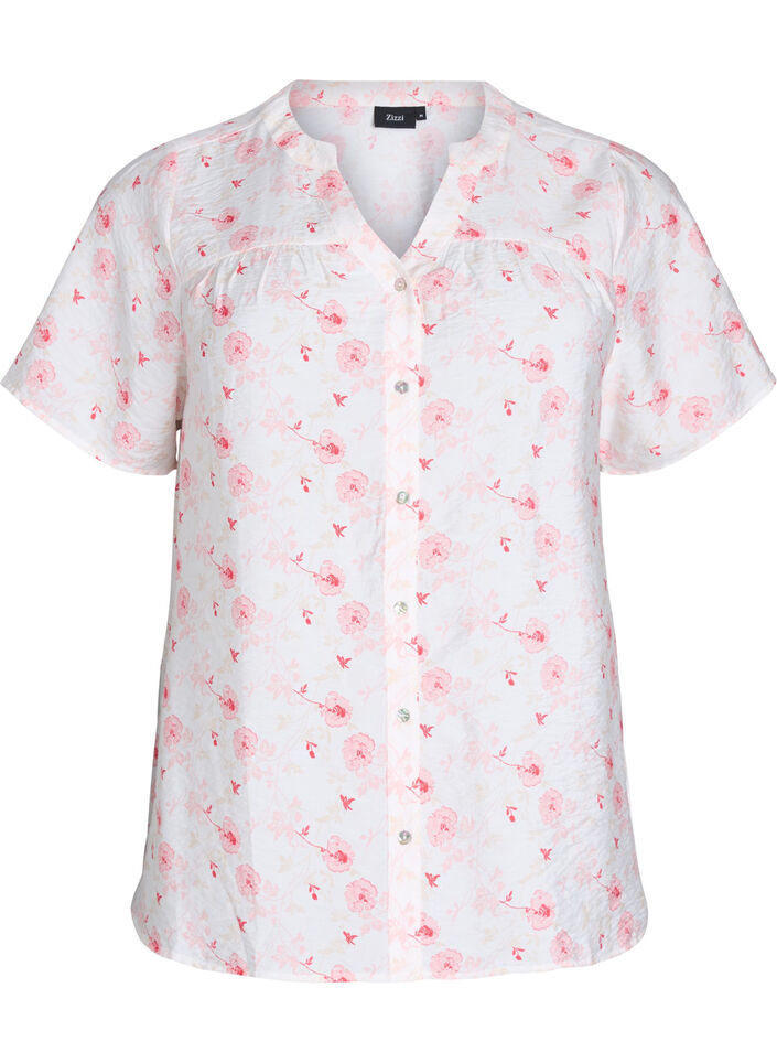Skjortebluse med korte ermer og blomstertrykk, Rosa, Packshot image number 0