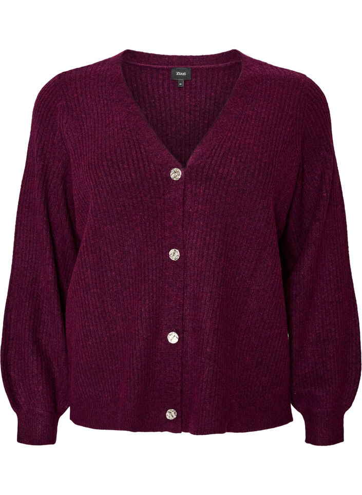 Cardigan med V-hals og ribbestruktur, Lilla, Packshot image number 0