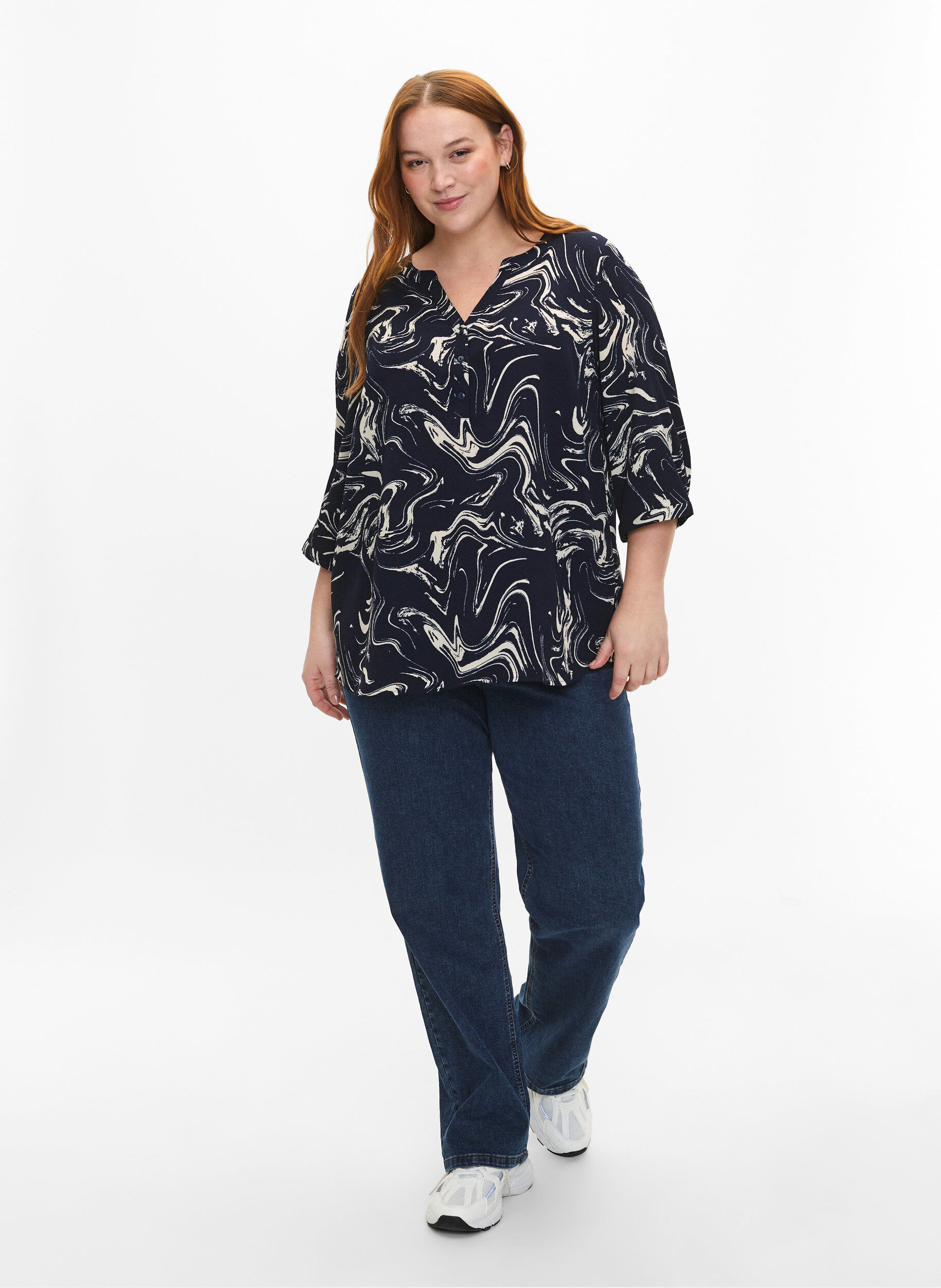 Zizzi Bluse med trykk og 3/4-ermer, N. Blazer Swirl AOP, Model image number 2