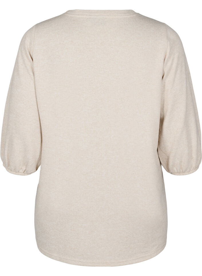 Bluse med blomsterbroderi og 3/4 ermer, Oatmeal Melange, Packshot image number 1