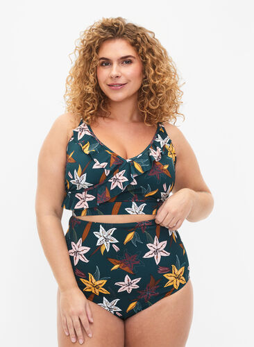 Zizzi Ekstra høy midje bikiniunderdel med blomstertrykk, Grønn, Model image number 0