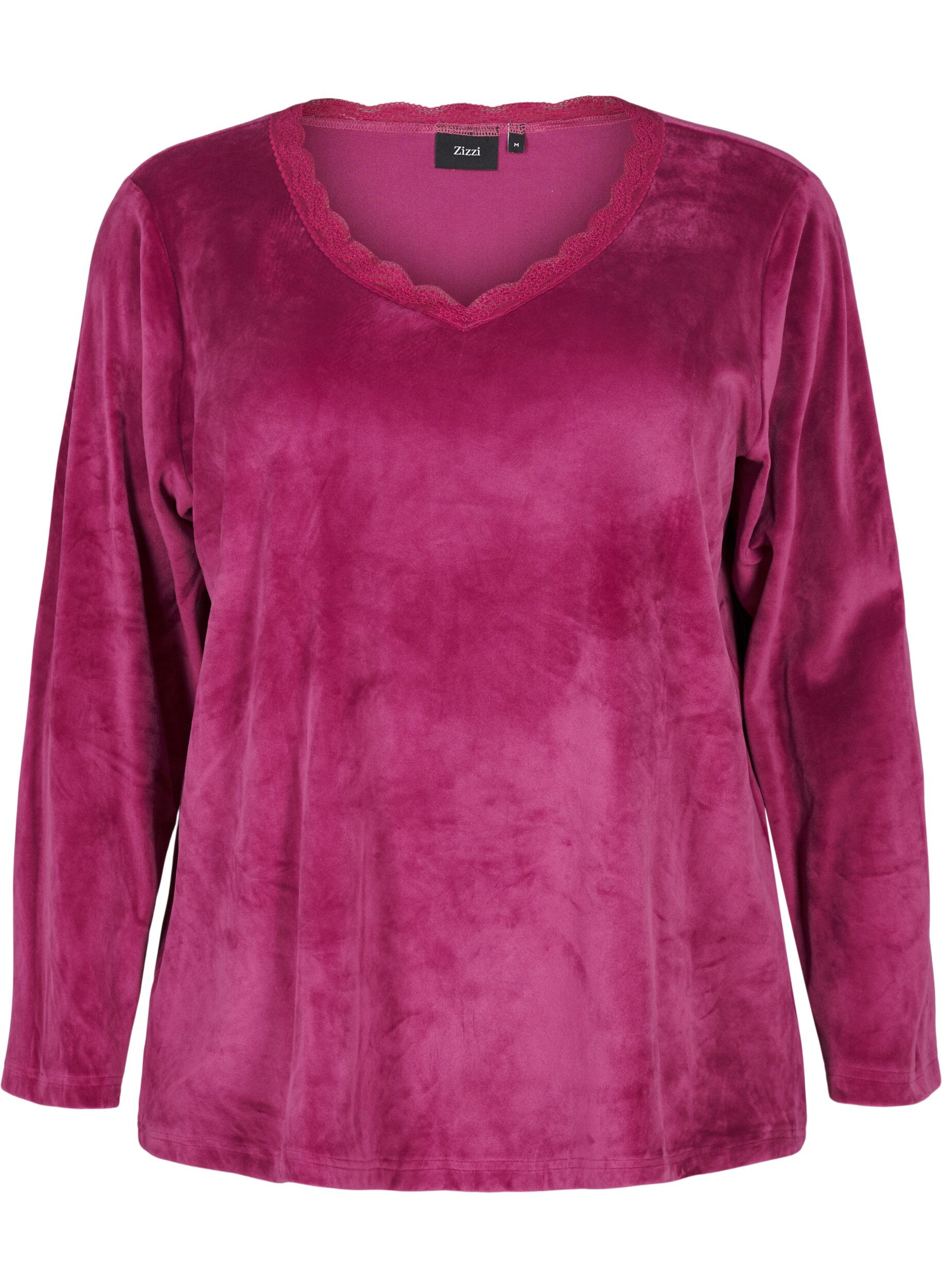 Zizzi Velourbluse med v-hals, Boysenberry, Packshot image number 0