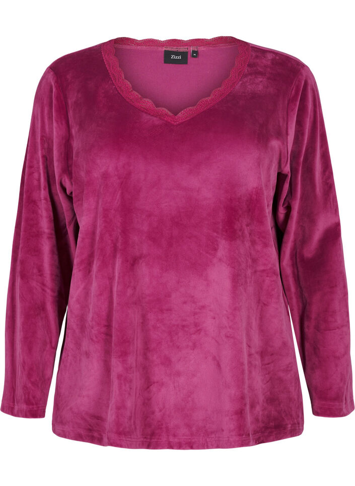 Velourbluse med v-hals, Boysenberry, Packshot image number 0