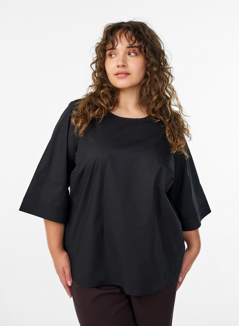 Bluse med stikningsdetaljer og 3/4-ermer, Svart, Model image number 0