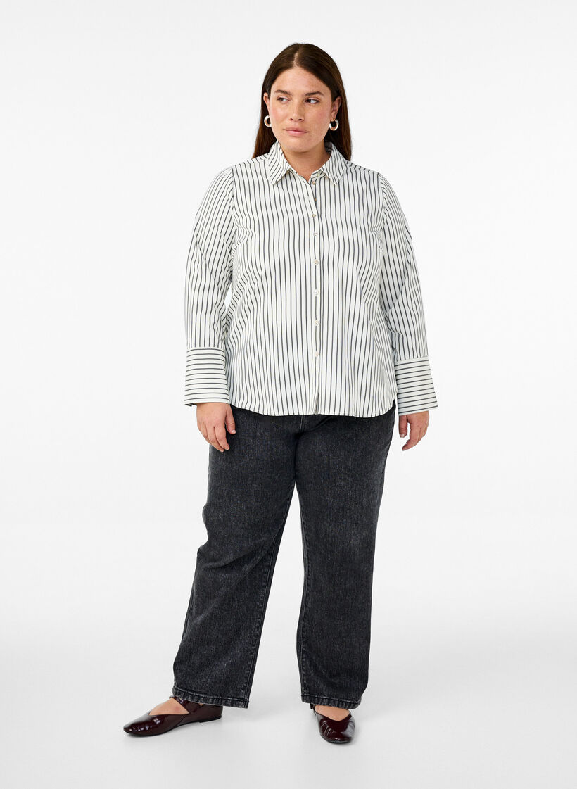 Stripet skjorte med brede mansjetter, White/Black Stripe, Model
