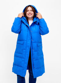 Lang Puffer jakke med lommer og hette, French Blue, Model