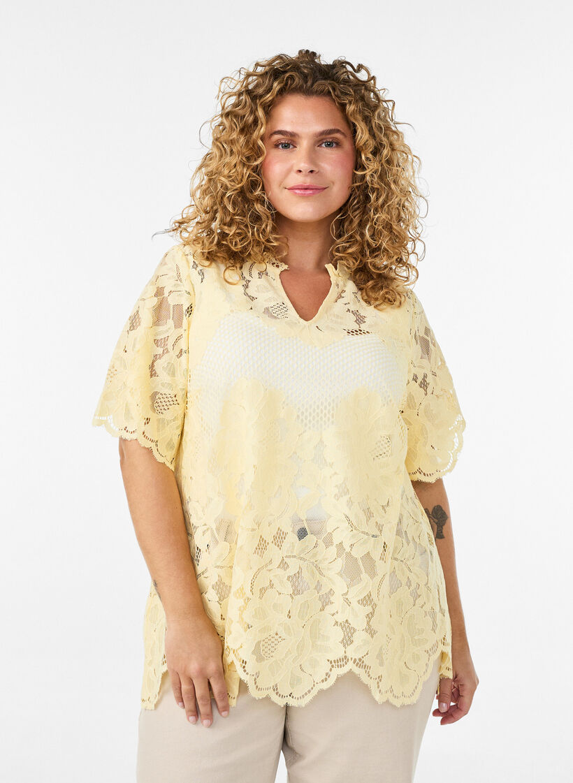 Bluse med blonder, volangkrage og korte ermer, Gul, Model image number 0