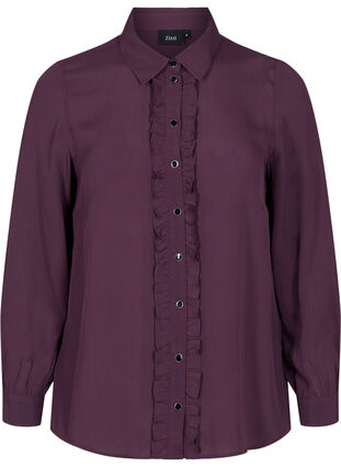 Viskoseskjorte med knappelukknig og volangdetaljer, Plum Perfect, Packshot image number 0