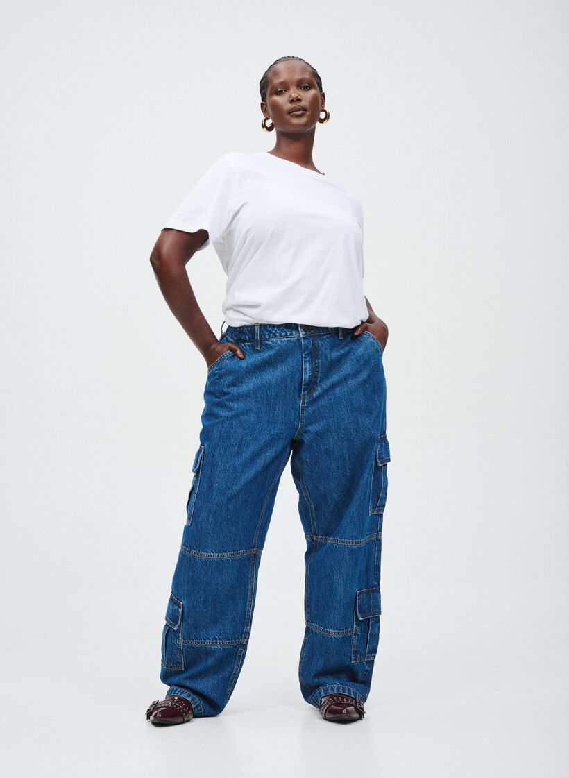 Høymidjede cargojeans, Blue Denim, Image