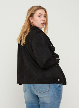 Kort jakke i semsket skinn, Black, Model image number 1