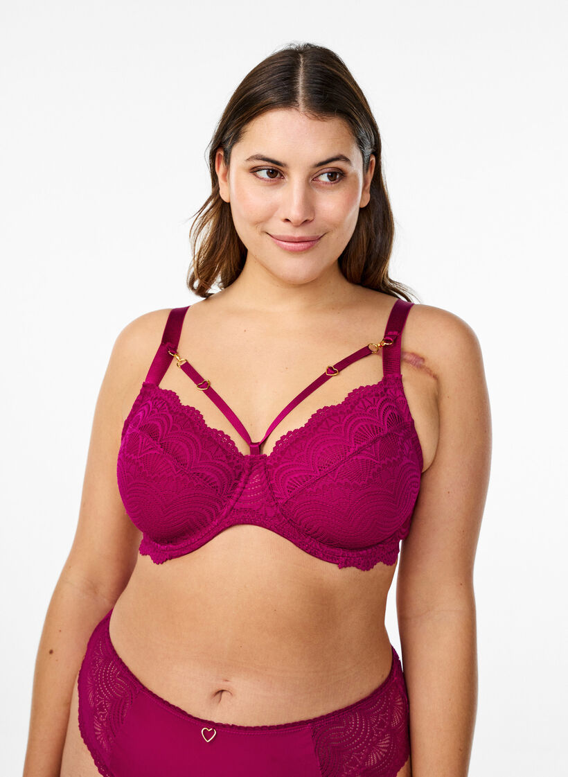 Heldekkende BH med blonder og stringdetaljer, Boysenberry, Model