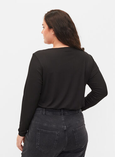 Bluse med detalj på brystet og lange ermer, Black, Model image number 1