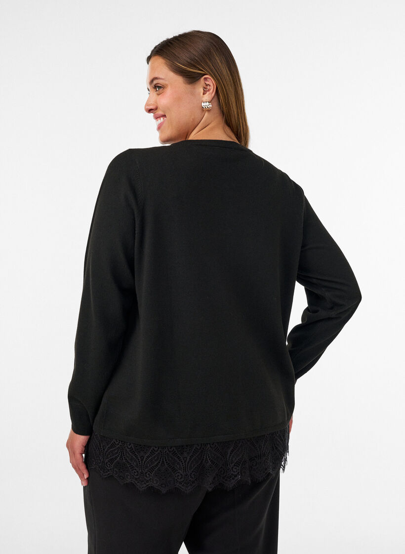 Cardigan med bred blondekant, Svart, Model image number 2