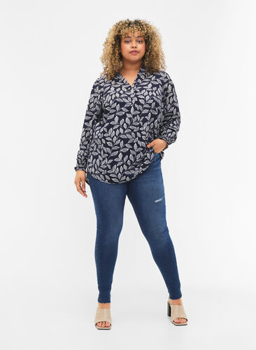 Bluse med vaffelsøm og v-utringning, Navy Leaf, Model image number 2