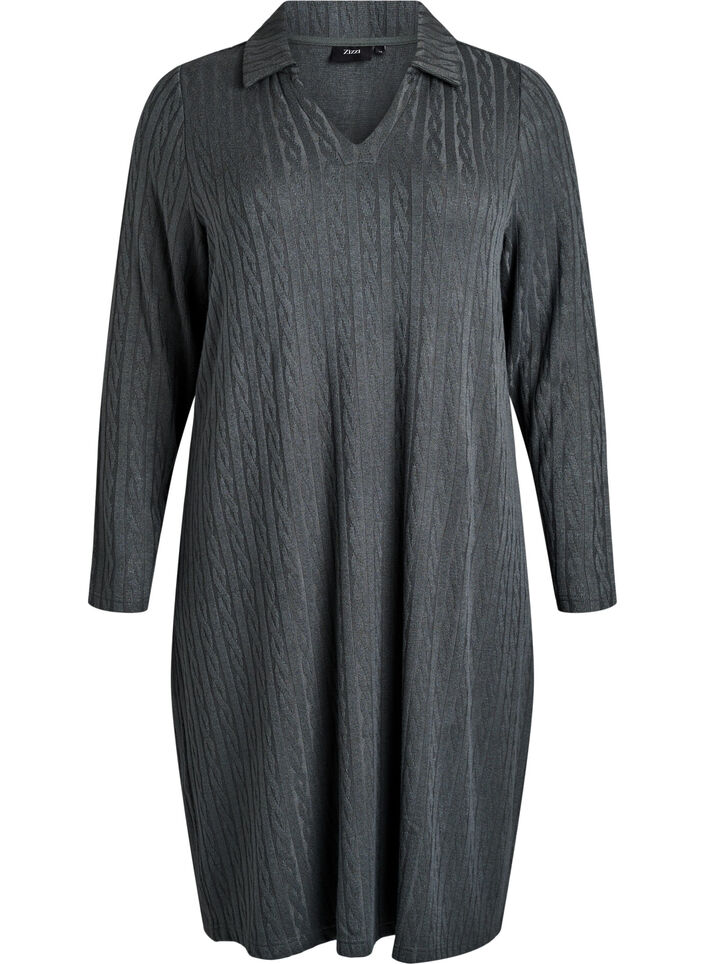 Kjole med flettestruktur og V-hals, Grønn, Packshot image number 0