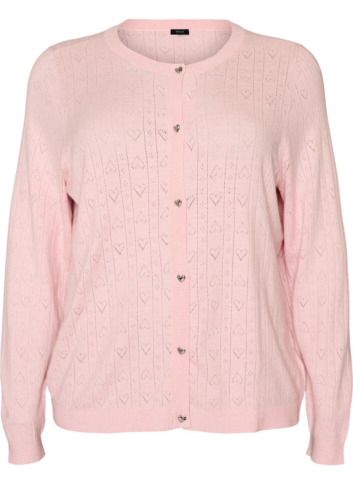 Strikket cardigan med hjerte hullbroderi, Rosa, Packshot image number 0