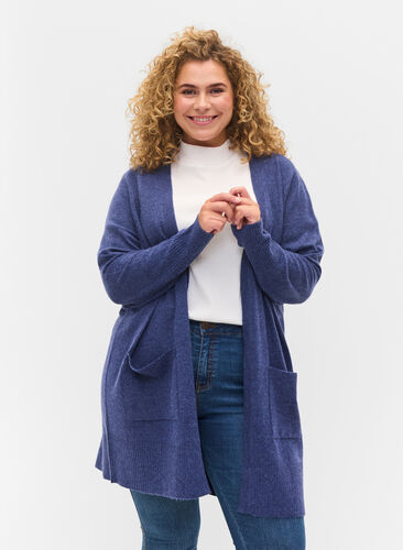 Melert strikket cardigan med lommer, Deep Cobalt Mel., Model image number 0