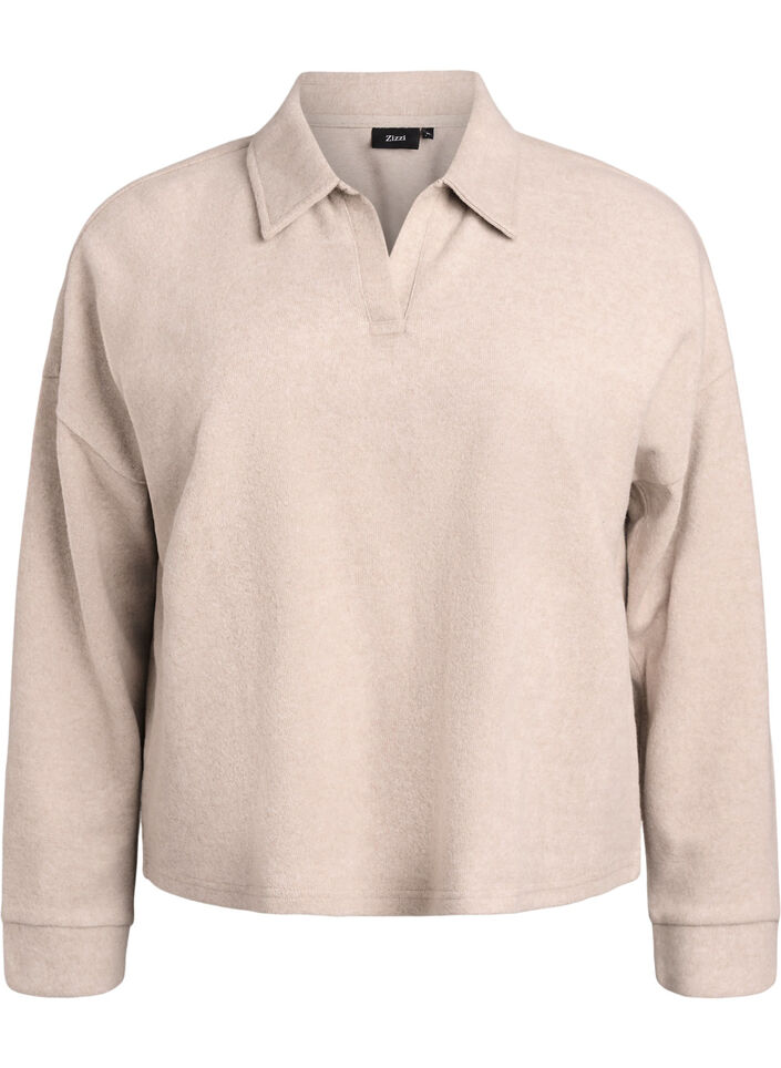 Jerseybluse med krage og V-hals, Beige, Packshot image number 0