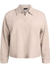 Jerseybluse med krage og V-hals, Beige Jerseybluse med krage og V-hals