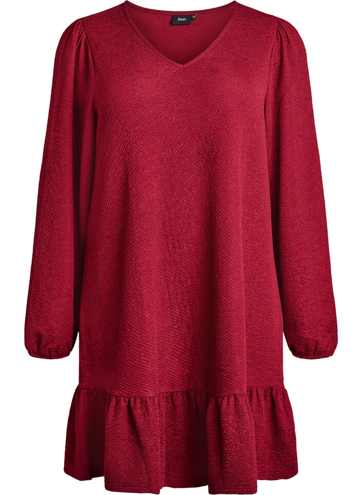 Kort strukturert kjole med volangkant nederst, Mørk Bordeaux, Packshot image number 0