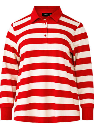 Zizzi Langermet poloskjorte med striper, Rød, Packshot image number 0