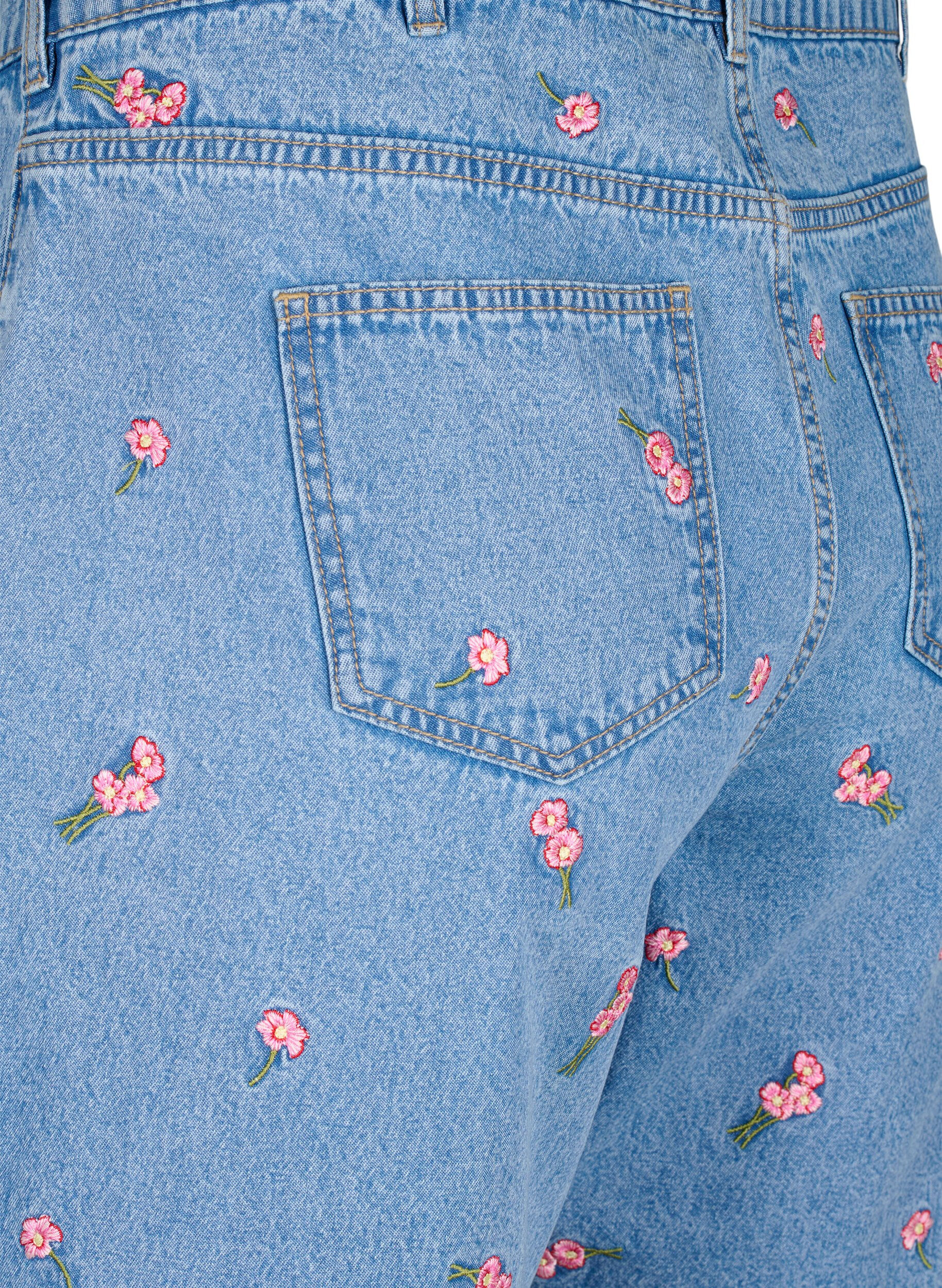 Zizzi Dongerishorts med broderte blomster, Bl&aring;, Packshot image number 3