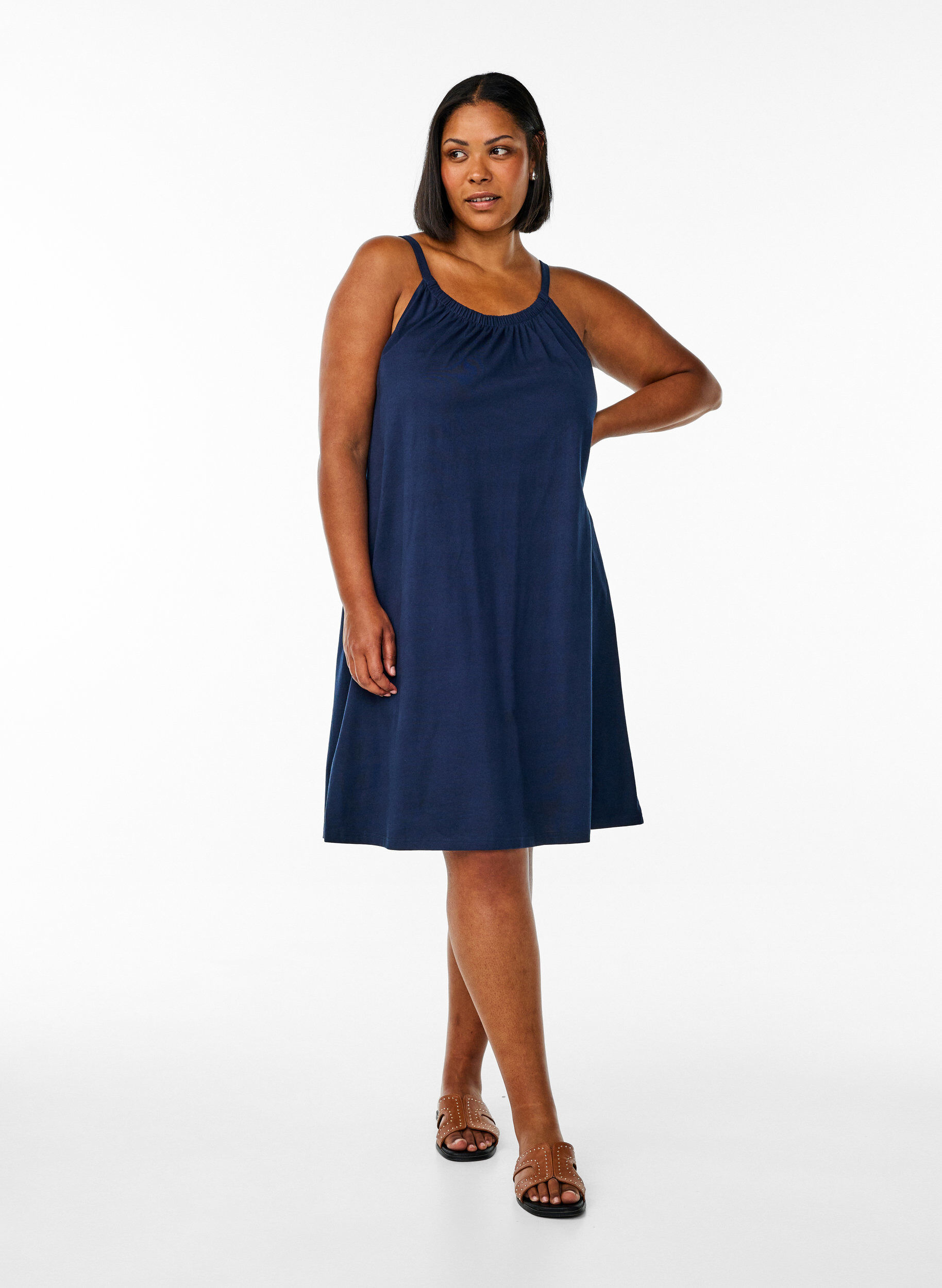 ZizziMidi strap dress in organic cotton, Bl&aring;, Model image number 1