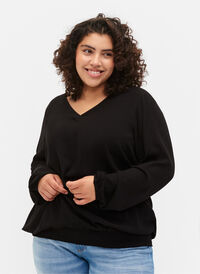 Viskosebluse med smock, Black, Model