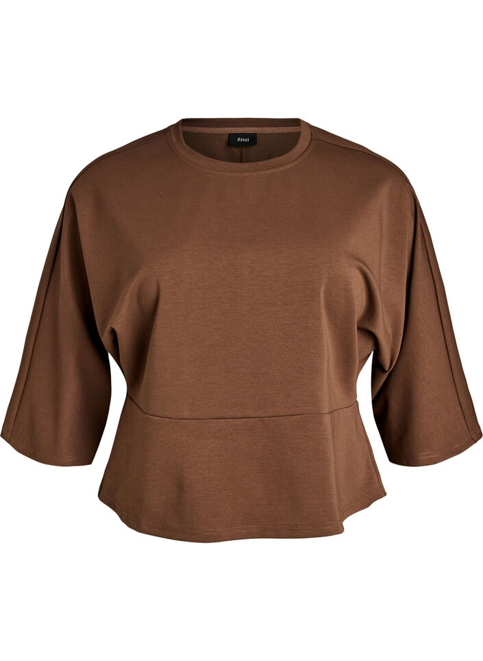 Peplumbluse med albuelange ermer, Brun, Packshot image number 0