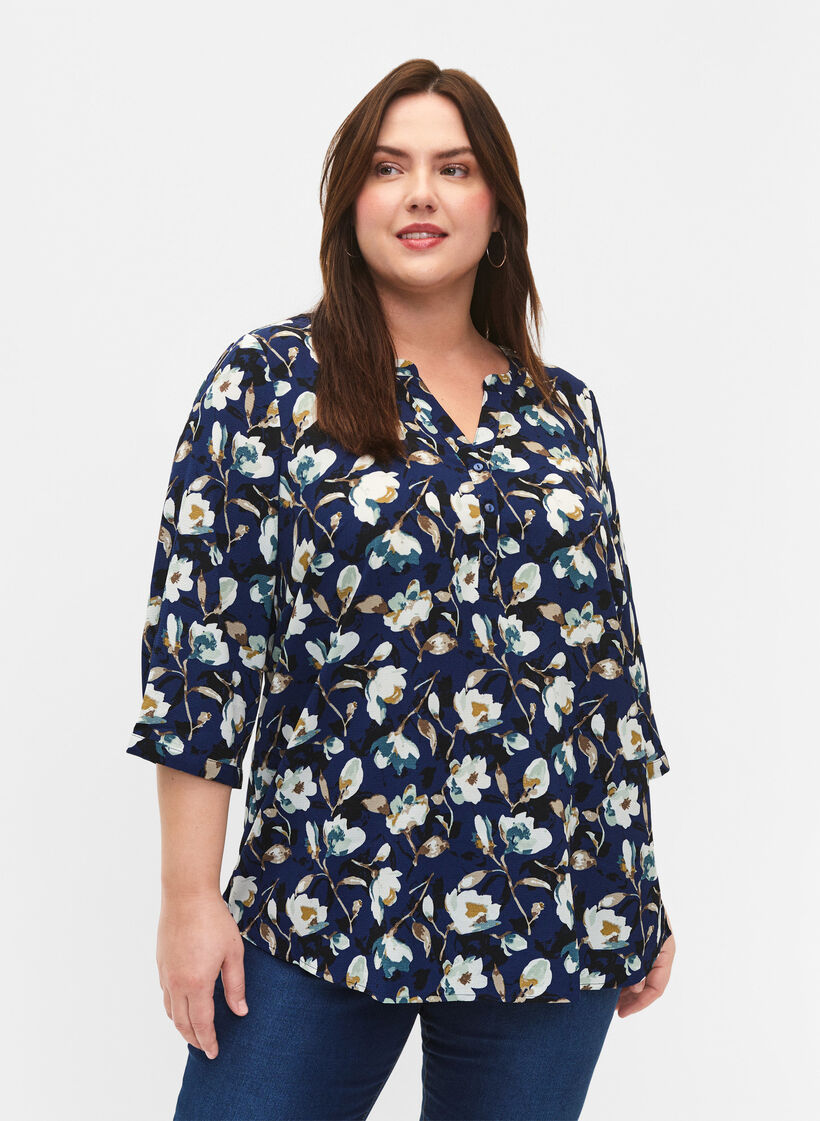 Blomstret bluse med 3/4-ermer, P. Blue Flower AOP, Model image number 0