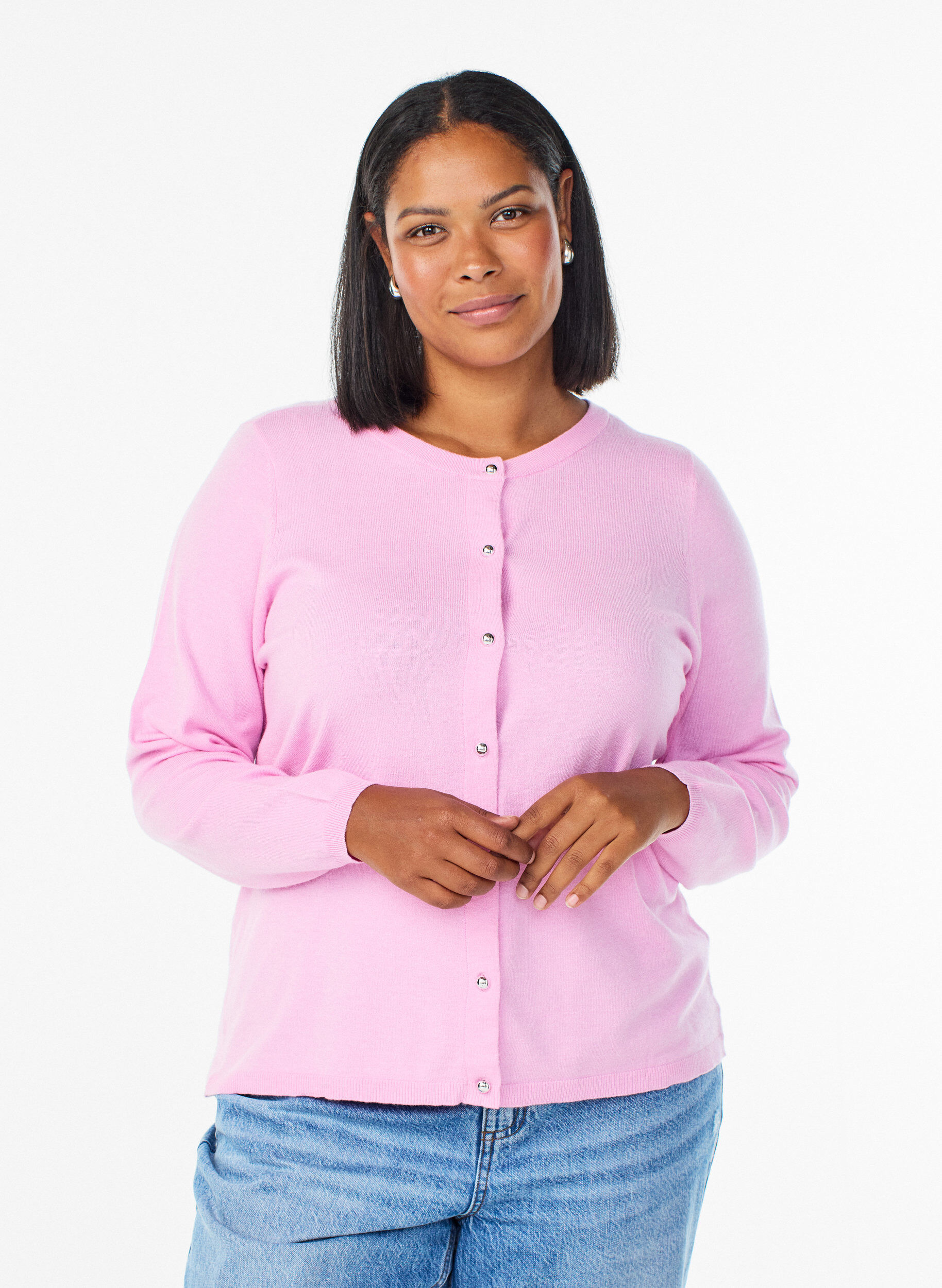 ZizziCardigan med runde knapper, Rosa, Model image number 0