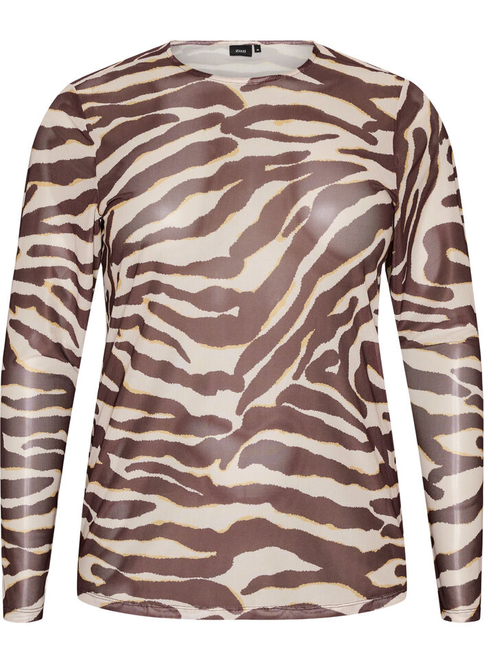 Meshbluse med trykk, Brun, Packshot image number 0