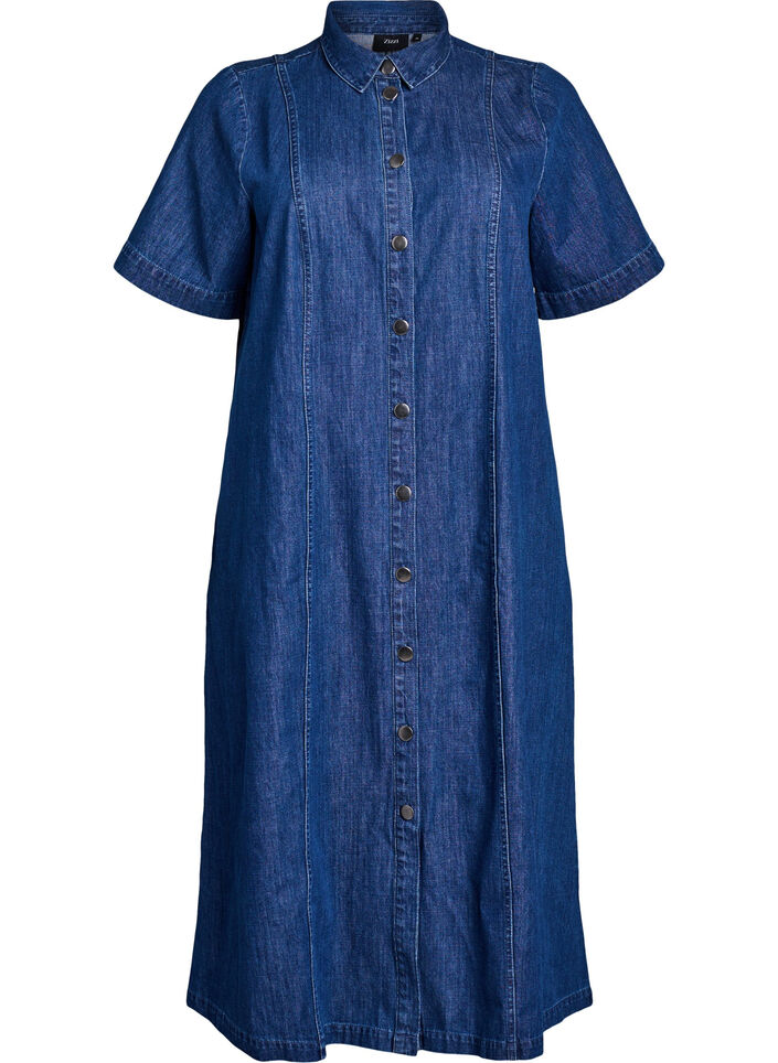 Midi-lang denim skjortekjole, Bl&aring;, Packshot image number 0