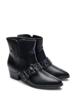 Zizzi Wide fit - Skinn ankelstøvlett med stropp og nagler, Black, Packshot image number 1