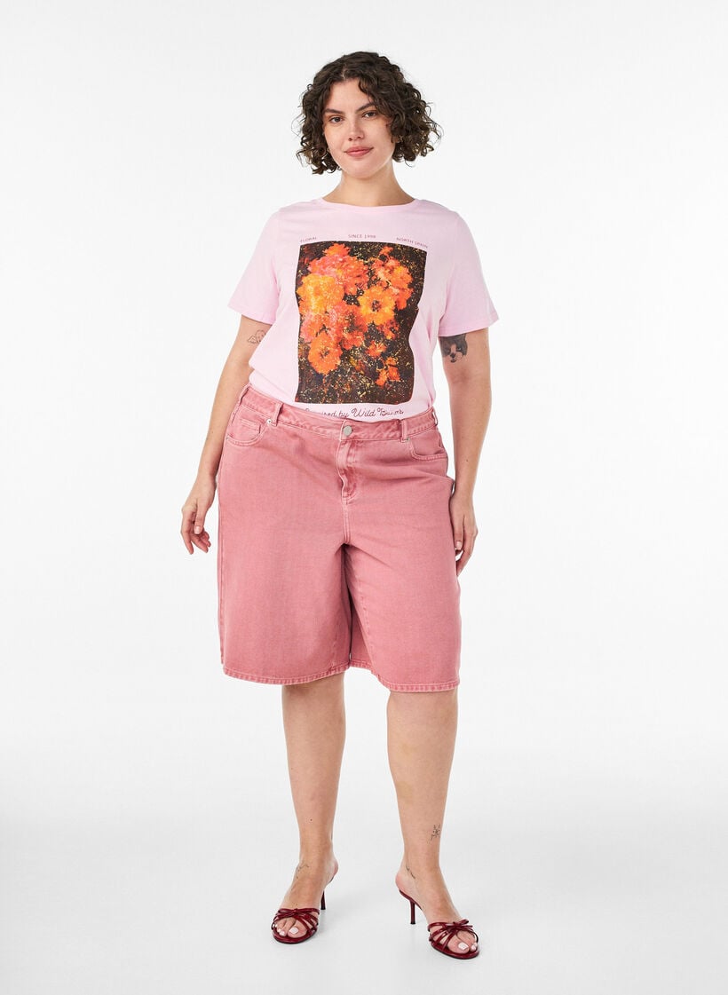 Bomulls T-skjorte med trykk foran, Rosa, Model image number 1