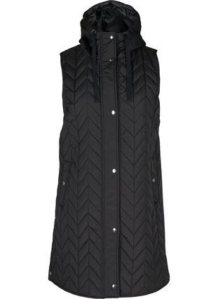 Lang quiltet vest med hette, Black, Packshot image number 0