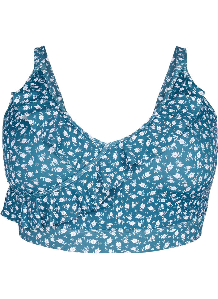 Blomstrete bikinioverdel med volangdetaljer, Blå, Packshot image number 0