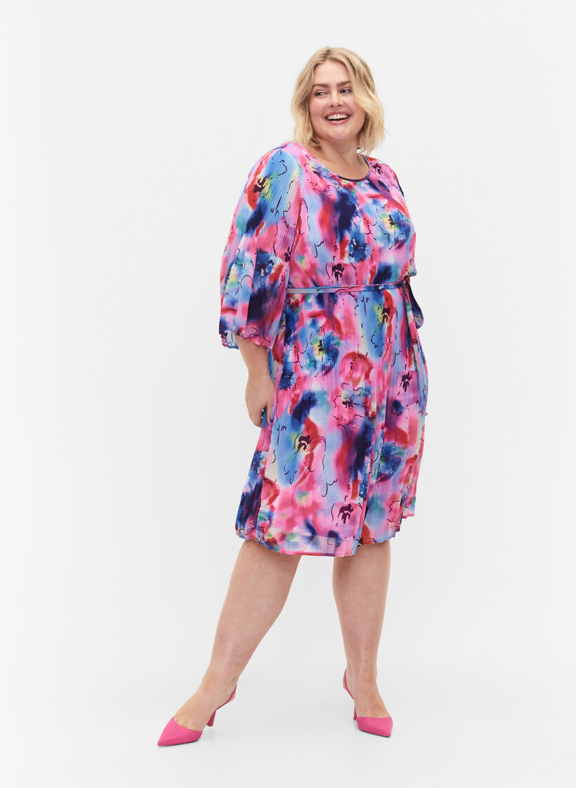 Mønstrete plissékjole med knyting, Lavender Space AOP, Model image number 3